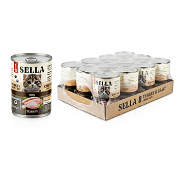 SELLA Wet Cat Food for Adult Cats, Turkey & Bonito Chunks in Gravy, Complete & Balanced Nutrition with Vitamins A, D3, E & Taurine, No Added Artificial Colors or Preservatives, 400g (Pack of 12 Cans)