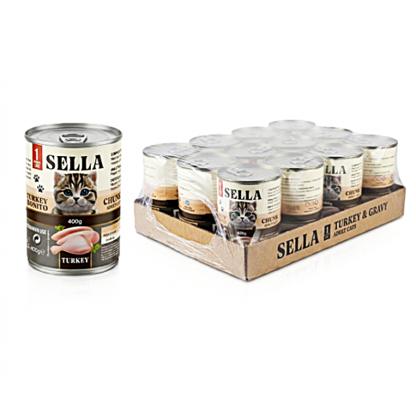 SELLA Wet Cat Food for Adult Cats, Turkey & Bonito Chunks in Gravy, Complete & Balanced Nutrition with Vitamins A, D3, E & Taurine, No Added Artificial Colors or Preservatives, 400g (Pack of 12 Cans)