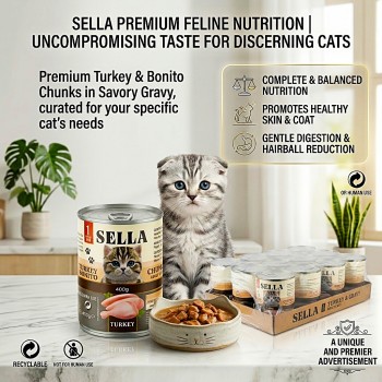 SELLA Wet Cat Food for Adult Cats, Turkey & Bonito Chunks in Gravy, Complete & Balanced Nutrition with Vitamins A, D3, E & Taurine, No Added Artificial Colors or Preservatives, 400g (Pack of 12 Cans)