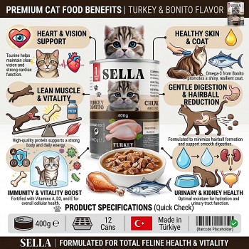 SELLA Wet Cat Food for Adult Cats, Turkey & Bonito Chunks in Gravy, with Vitamins A, D3, E and Taurine, 400g Single Can