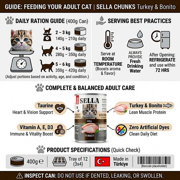 SELLA Wet Cat Food for Adult Cats, Turkey & Bonito Chunks in Gravy, Complete & Balanced Nutrition with Vitamins A, D3, E & Taurine, No Added Artificial Colors or Preservatives, 400g (Pack of 12 Cans)