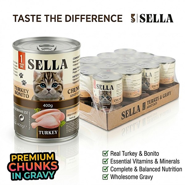 SELLA Wet Cat Food for Adult Cats, Turkey & Bonito Chunks in Gravy, Complete & Balanced Nutrition with Vitamins A, D3, E & Taurine, No Added Artificial Colors or Preservatives, 400g (Pack of 12 Cans)