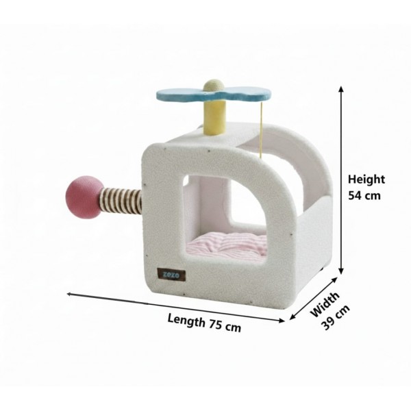 ZEZE Airplane Paradise Cat Nest – Helicopter Cat Scratcher Bed with Side Scratch Pad & Toys, Soft Indoor Cat House, L75 × W39 × H54 cm