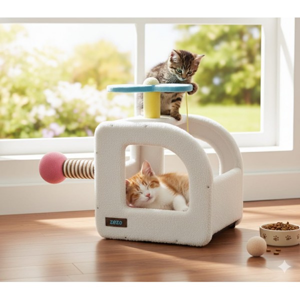 ZEZE Airplane Paradise Cat Nest – Helicopter Cat Scratcher Bed with Side Scratch Pad & Toys, Soft Indoor Cat House, L75 × W39 × H54 cm