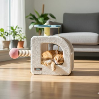 ZEZE Airplane Paradise Cat Nest – Helicopter Cat Scratcher Bed with Side Scratch Pad & Toys, Soft Indoor Cat House, L75 × W39 × H54 cm