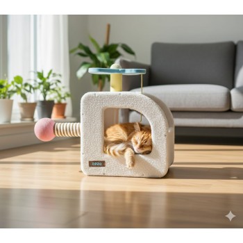 ZEZE Airplane Paradise Cat Nest – Helicopter Cat Scratcher Bed with Side Scratch Pad & Toys, Soft Indoor Cat House, L75 × W39 × H54 cm