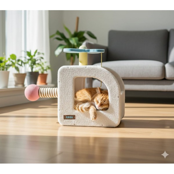 ZEZE Airplane Paradise Cat Nest – Helicopter Cat Scratcher Bed with Side Scratch Pad & Toys, Soft Indoor Cat House, L75 × W39 × H54 cm