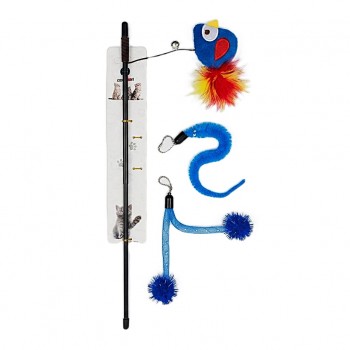 Cozy Paws 3-in-1 Cat Teaser Wand Toy with Bell – Extendable Telescopic Interactive Wand with 3 Interchangeable Feather, Worm & Pom-Pom Attachments for Indoor Cat Exercise & Play
