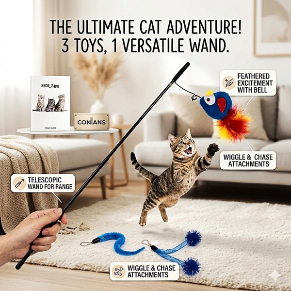 Cozy Paws 3-in-1 Cat Teaser Wand Toy with Bell – Extendable Telescopic Interactive Wand with 3 Interchangeable Feather, Worm & Pom-Pom Attachments for Indoor Cat Exercise & Play