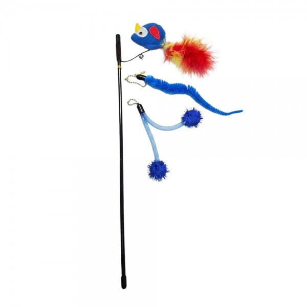 Cozy Paws 3-in-1 Cat Teaser Wand Toy with Bell – Extendable Telescopic Interactive Wand with 3 Interchangeable Feather, Worm & Pom-Pom Attachments for Indoor Cat Exercise & Play