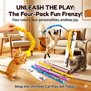 Cozy Paws Yellow Cat Teaser Wand – 50cm Interactive Plush Toy for Cats | Soft Durable Hunting Stick for Indoor Exercise, Chase & Play