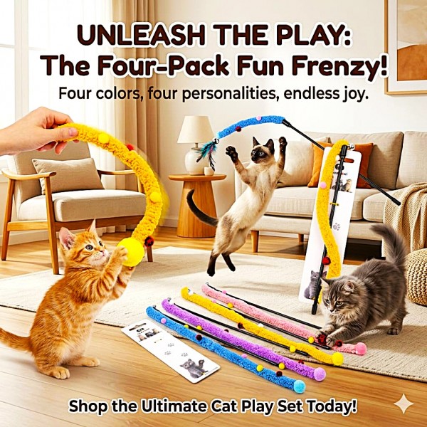 Cozy Paws Blue Cat Teaser Wand – 50cm Interactive Plush Toy for Cats | Soft Durable Hunting Stick for Indoor Exercise, Chase & Play