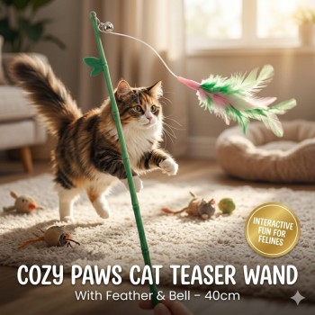 Cozy Paws Interactive Cat Teaser Wand Toy – 40cm Bamboo-Style Training Pole with Natural Feather Attachment and Engaging Sound Bell for Indoor Feline Exercise and Enrichment