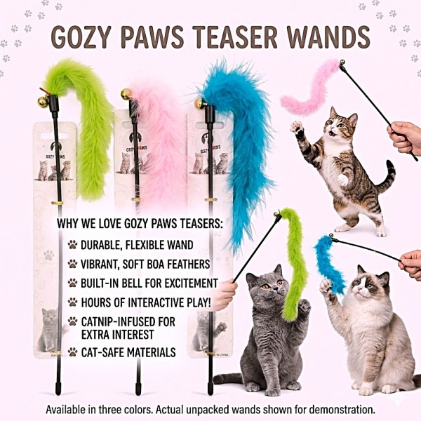 Cozy Paws Interactive Blue Cat Teaser Wand Toy with Bell – Plush Tail & Catnip-Infused Feather for Indoor Cat Exercise, Hunting Play & Daily Bonding