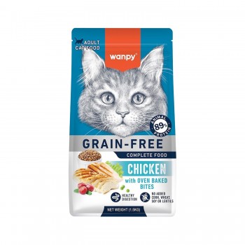 Wanpy Grain-Free Adult Cat Food – Chicken Recipe 1.5 kg, High Animal Protein, Complete & Balanced Nutrition with Oven-Baked Bites, Supports Digestion, Immune Health & Strong Bones