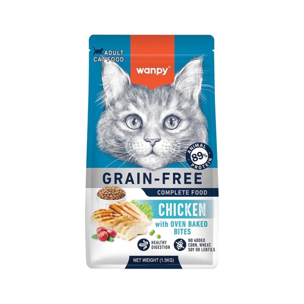 Wanpy Grain-Free Adult Cat Food – Chicken Recipe 1.5 kg, High Animal Protein, Complete & Balanced Nutrition with Oven-Baked Bites, Supports Digestion, Immune Health & Strong Bones