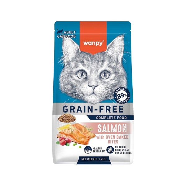 Wanpy Grain Free Adult Cat Food – Salmon Recipe, High-Protein Complete & Balanced Diet with Oven-Baked Bites, Grain-Free, 1.5 kg