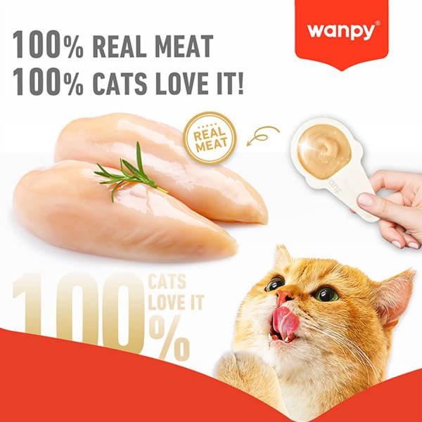 WANPY Lickable Cream Spoon Chicken Cat Treat – 16g x 10pcs Box | Grain-Free 100% Real Chicken Cat Wet Cream Purée Snack | High-Protein Complementary Food with Taurine & Vitamins | Mess-Free Lickable Cat Treat for Kittens & Adult Cats