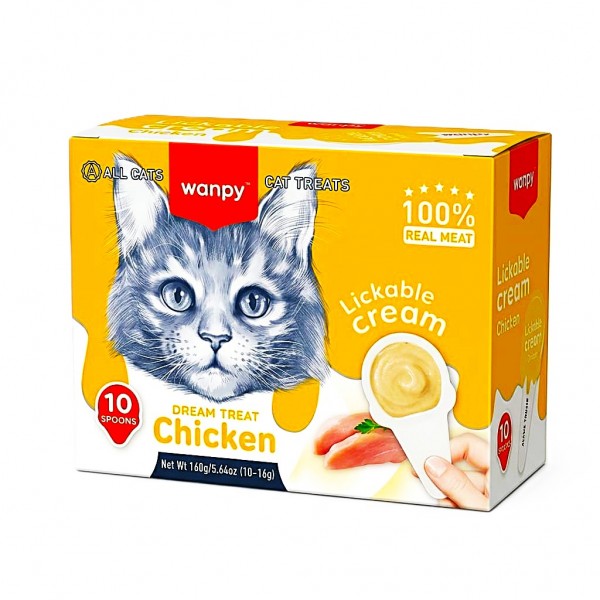 WANPY Lickable Cream Spoon Chicken Cat Treat – 16g x 10pcs Box | Grain-Free 100% Real Chicken Cat Wet Cream Purée Snack | High-Protein Complementary Food with Taurine & Vitamins | Mess-Free Lickable Cat Treat for Kittens & Adult Cats