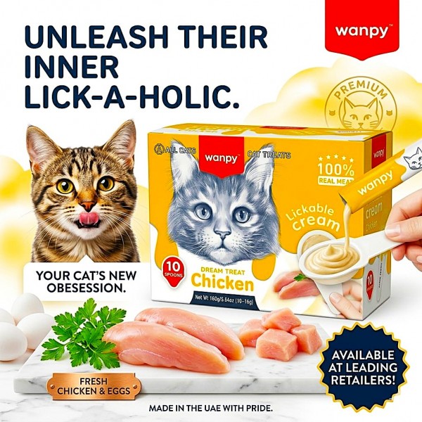 WANPY Lickable Cream Spoon Chicken Cat Treat – 16g x 10pcs Box | Grain-Free 100% Real Chicken Cat Wet Cream Purée Snack | High-Protein Complementary Food with Taurine & Vitamins | Mess-Free Lickable Cat Treat for Kittens & Adult Cats