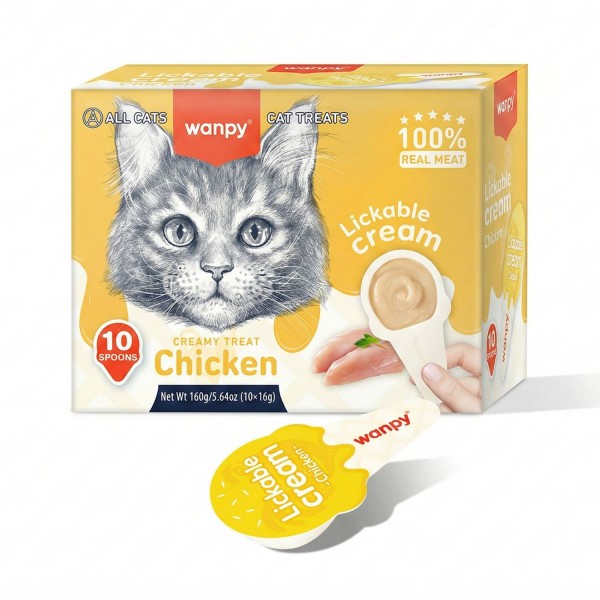 WANPY Lickable Cream Spoon Chicken Cat Treat – 16g x 10pcs Box | Grain-Free 100% Real Chicken Cat Wet Cream Purée Snack | High-Protein Complementary Food with Taurine & Vitamins | Mess-Free Lickable Cat Treat for Kittens & Adult Cats