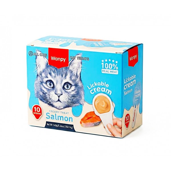 Wanpy Wanpy Lickable Cream Spoon Salmon Cat Treat 10 x 16g – Grain Free Creamy Lickable Cat Snack with Real Salmon Tuna & Chicken – Taurine & Vitamin Enriched Wet Cat Treat for Kittens & Adult Cats – Mess Free Single Serve Cat Puree Treats