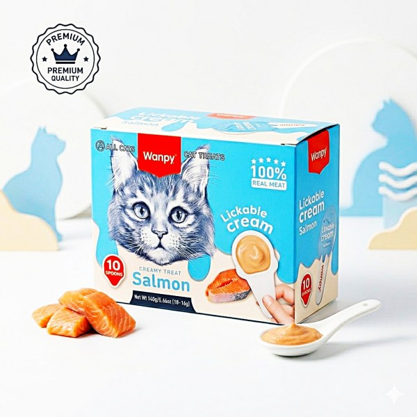 Wanpy Wanpy Lickable Cream Spoon Salmon Cat Treat 10 x 16g – Grain Free Creamy Lickable Cat Snack with Real Salmon Tuna & Chicken – Taurine & Vitamin Enriched Wet Cat Treat for Kittens & Adult Cats – Mess Free Single Serve Cat Puree Treats
