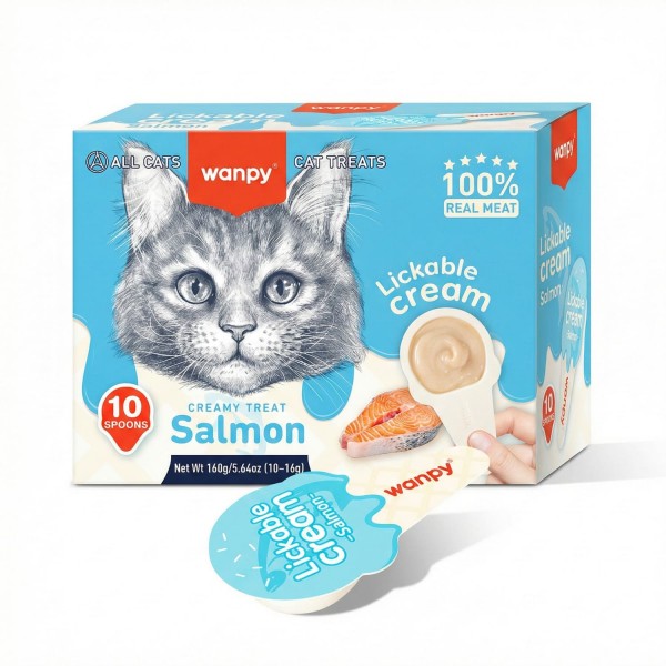 Wanpy Wanpy Lickable Cream Spoon Salmon Cat Treat 10 x 16g – Grain Free Creamy Lickable Cat Snack with Real Salmon Tuna & Chicken – Taurine & Vitamin Enriched Wet Cat Treat for Kittens & Adult Cats – Mess Free Single Serve Cat Puree Treats