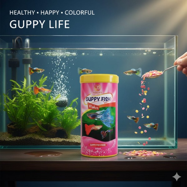 AQUAV Guppy Flakes Fish Food 500ml – High Protein 40% Nutritionally Balanced Guppy Fish Flakes, Vitamin-Enriched Formula, Color-Enhancing Spirulina & Krill, Does Not Cloud Water