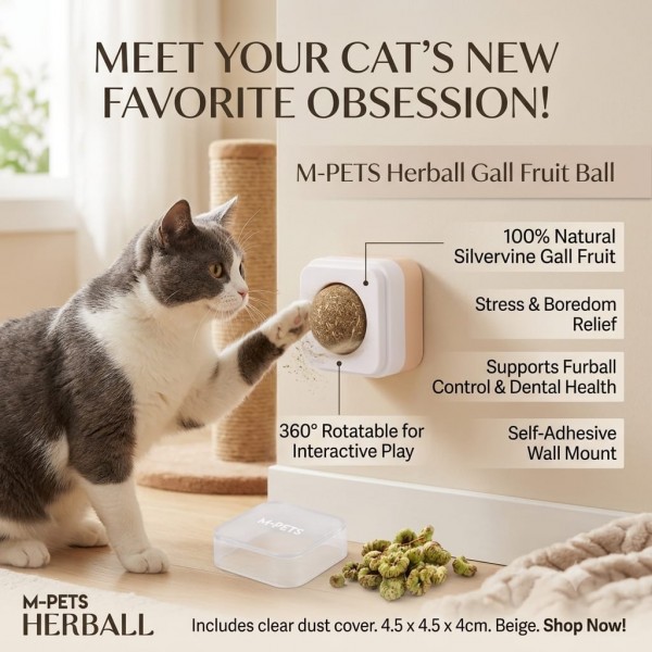 M-PETS Herball Gall Fruit Ball Interactive Cat Toy Beige 4.5 x 4.5 x 4 cm Silvervine Wall Mounted Catnip Ball for Dental Care Furball Control and Boredom Relief