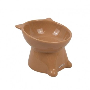 M-PETS Petjoy MaoMiao Raised Ceramic Cat Bowl 200ml – Ergonomic Slanted Elevated Feeding Dish for Cats, Durable Easy-Clean Pet Food & Water Bowl (13x13x10.5cm, Brown)