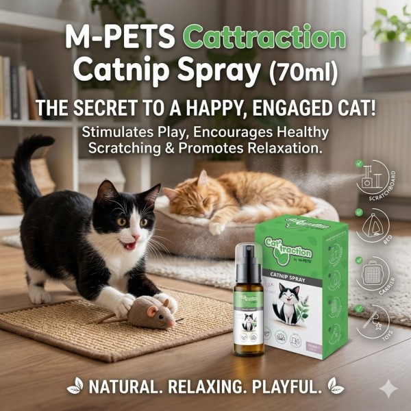 M-PETS Cattraction Catnip Spray 70ml | Natural Catnip Behavior Training Spray for Cats & Kittens – Encourages Scratching, Play & Stress Relief | Cat Attractant for Toys, Beds & Scratching Posts