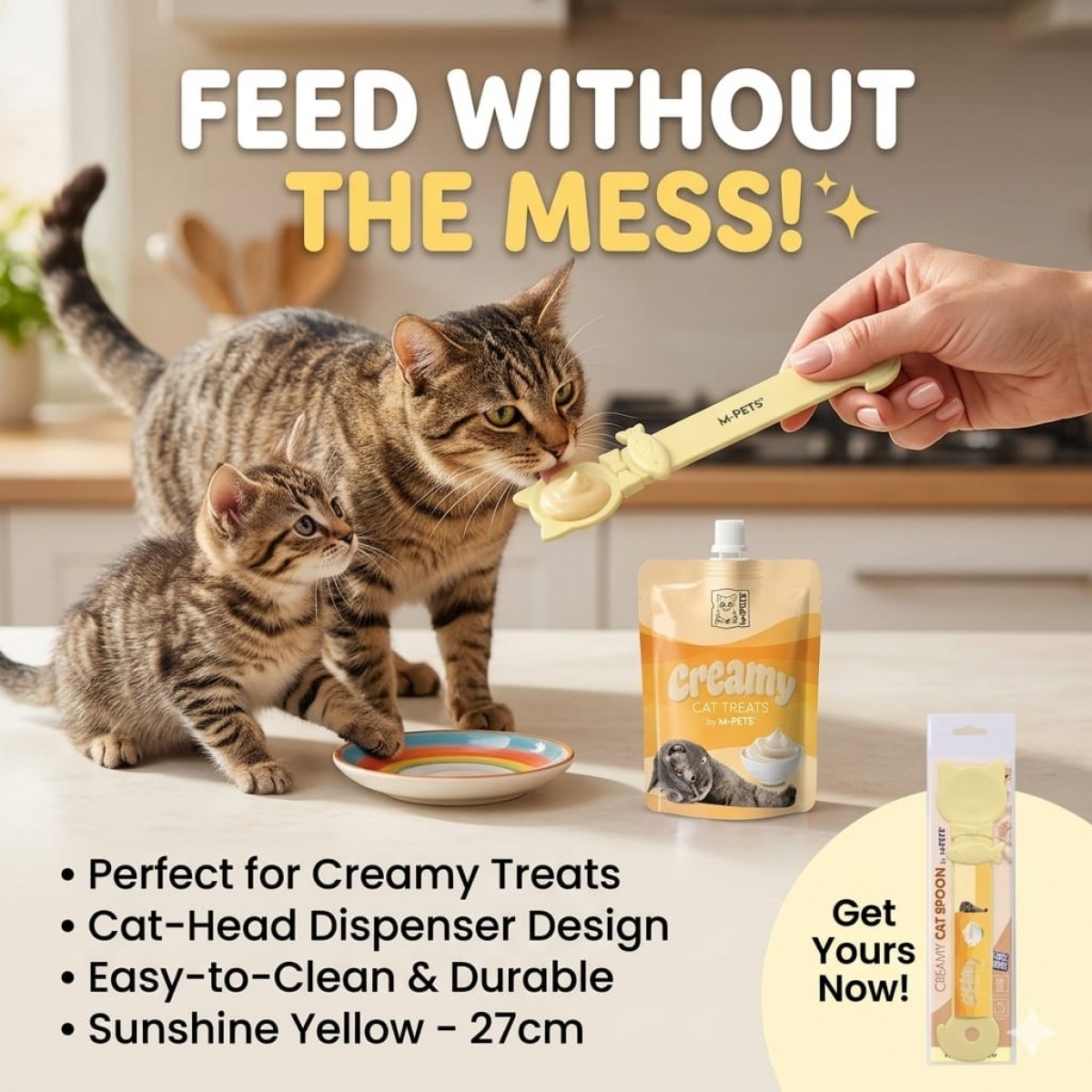 M-PETS Creamy Cat Spoon Sunshine Yellow – Mess-Free Cat Treat Dispenser ...