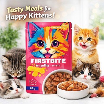 M-PETS FIRSTBITE Salmon in Jelly Wet Cat Food Single Pouch 85g – Premium Salmon & Chicken Complete Cat Food with Taurine – Kitten & Adult Cat Meal – High Protein Fresh Wet Food