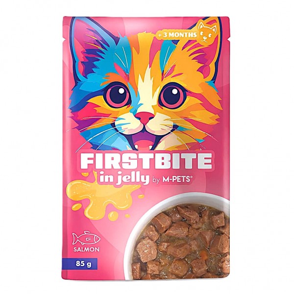 M-PETS FIRSTBITE Salmon in Jelly Wet Cat Food Single Pouch 85g – Premium Salmon & Chicken Complete Cat Food with Taurine – Kitten & Adult Cat Meal – High Protein Fresh Wet Food