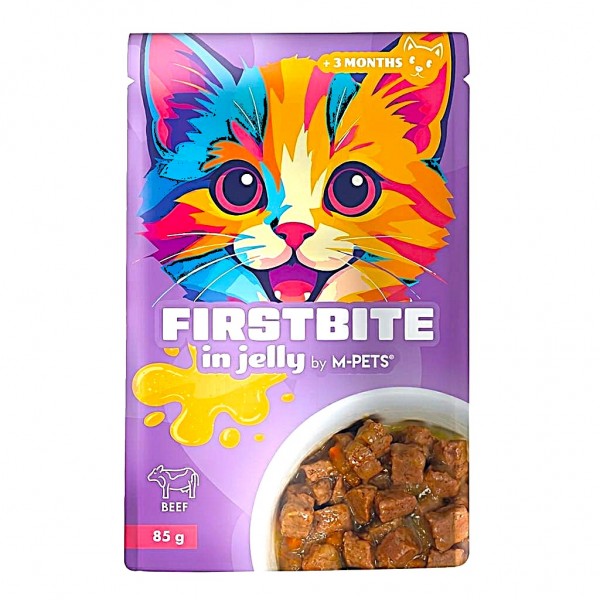 M-PETS FIRSTBITE Beef in Jelly Wet Cat Food Pouch 85g – Premium High Meat Complete Cat & Kitten Food with Beef, Chicken, Liver & Taurine – Belgium Recipe Single Serve Wet Cat Food
