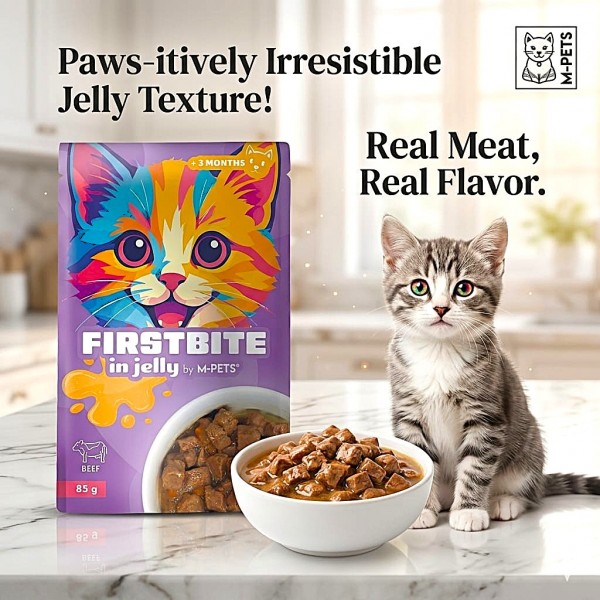 M-PETS FIRSTBITE Beef in Jelly Wet Cat Food Pouch 85g – Premium High Meat Complete Cat & Kitten Food with Beef, Chicken, Liver & Taurine – Belgium Recipe Single Serve Wet Cat Food