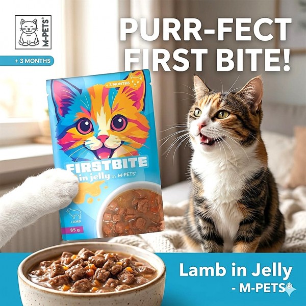 M-PETS Firstbite Lamb in Jelly Wet Cat Food Pouch 85g – Premium Nutritious Meal for Kittens & Adult Cats | High-Quality Lamb | Soft Jelly Texture | Made in Belgium
