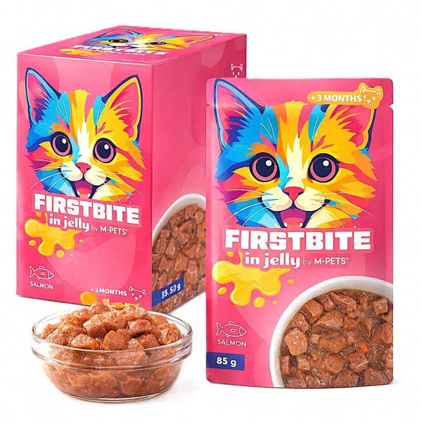 M-PETS FIRSTBITE Salmon in Jelly Wet Cat Food Pouches 12 x 85g – Premium Complete Wet Food with Salmon, Chicken & Taurine – Kitten & Adult Cat Nutrition – High Protein Natural Recipe