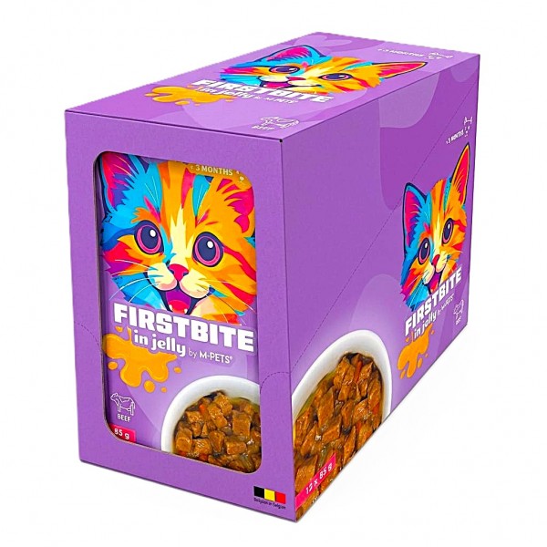 M-PETS FIRSTBITE Beef in Jelly Wet Cat Food Pouches 12x85g – High Meat Content Complete Kitten & Adult Cat Food with Beef, Chicken, Liver & Taurine – Premium Belgium Recipe Cat Wet Food for Healthy Growth & Vitality