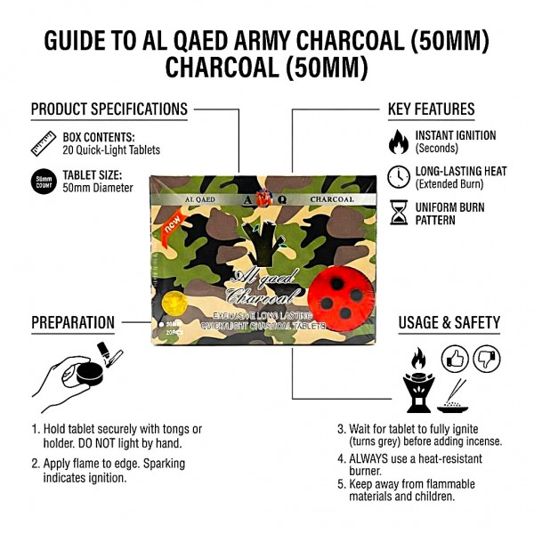 Al Qaed Army Quick Light Charcoal Tablets 50mm 20 Pcs Box for Bakhoor Incense Burning Shisha Hookah and Tobacco Use