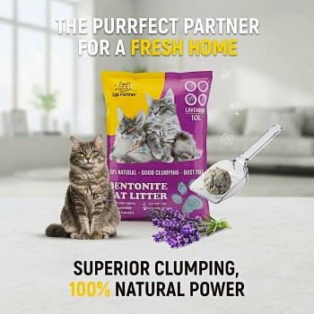 Cat Partner Lavender Bentonite Cat Litter 10L (7.5 KG), Natural Clumping Cat Litter, Extra Absorbent, Super Odor Control, Lavender Fragrance, Low Dust, Gentle on Paws, for Cats & Kittens