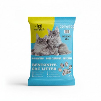 Cat Partner 25L Bentonite Cat Litter – Dust-Free, Clumping, Strong Odor Control, Baby Powder Scent, 100% Natural Clay, Easy Scooping, Safe for Cats