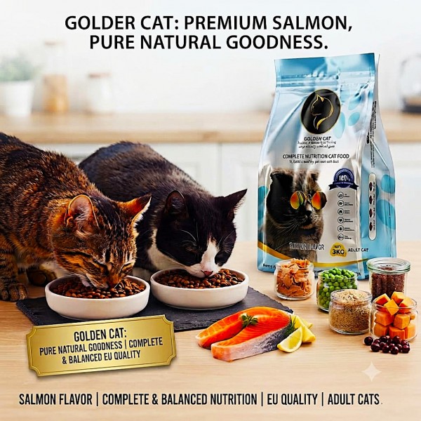 GOLDEN CAT Salmon Dry Cat Food 24kg (8 x 3kg Packs) | Adult Cat Food | High Protein Dry Food with Omega 3 | Complete Balanced Nutrition for Adult Cats All Breeds