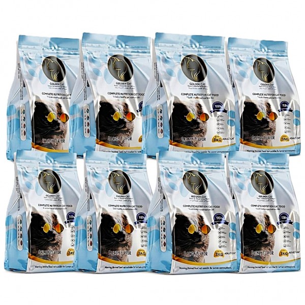 GOLDEN CAT Salmon Dry Cat Food 24kg (8 x 3kg Packs) | Adult Cat Food | High Protein Dry Food with Omega 3 | Complete Balanced Nutrition for Adult Cats All Breeds