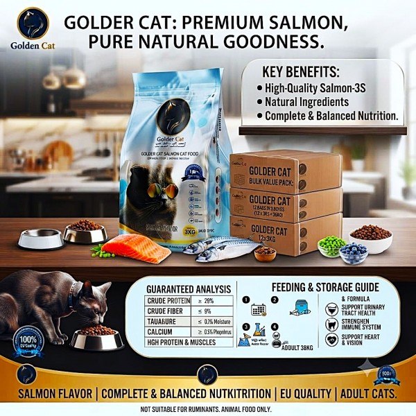 GOLDEN CAT Salmon Dry Cat Food 36kg (12 x 3kg Packs) | Adult Cat Food | High Protein Complete & Balanced Nutrition | Omega 3 Formula for Healthy Skin and Shiny Coat | All Breeds