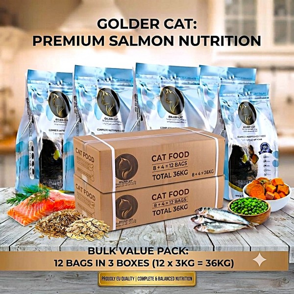 GOLDEN CAT Salmon Dry Cat Food 36kg (12 x 3kg Packs) | Adult Cat Food | High Protein Complete & Balanced Nutrition | Omega 3 Formula for Healthy Skin and Shiny Coat | All Breeds