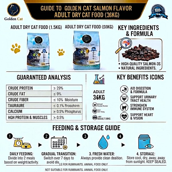 GOLDEN CAT Salmon Dry Cat Food 36kg (12 x 3kg Packs) | Adult Cat Food | High Protein Complete & Balanced Nutrition | Omega 3 Formula for Healthy Skin and Shiny Coat | All Breeds