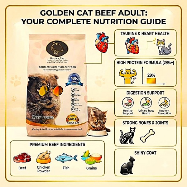 Adult Cat Dry Food 24kg – Golden Cat Beef Flavoured, 8 x 3kg Pack, 29% High Protein, Complete Balanced Nutrition with Taurine, Vitamins & Minerals, 2 Boxes