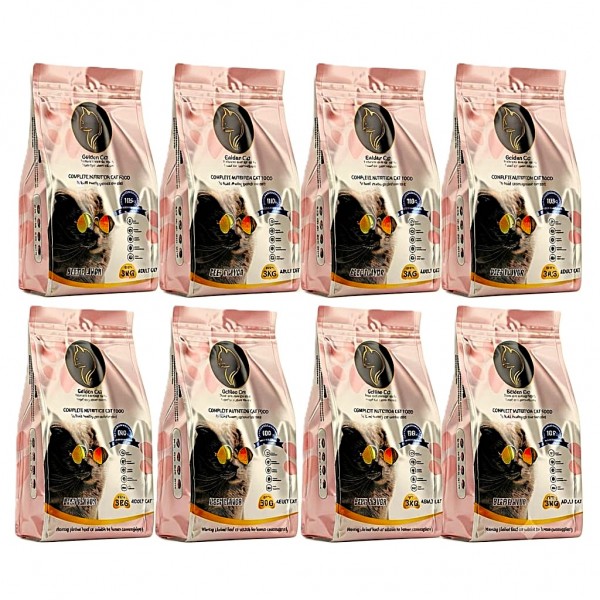 Adult Cat Dry Food 24kg – Golden Cat Beef Flavoured, 8 x 3kg Pack, 29% High Protein, Complete Balanced Nutrition with Taurine, Vitamins & Minerals, 2 Boxes